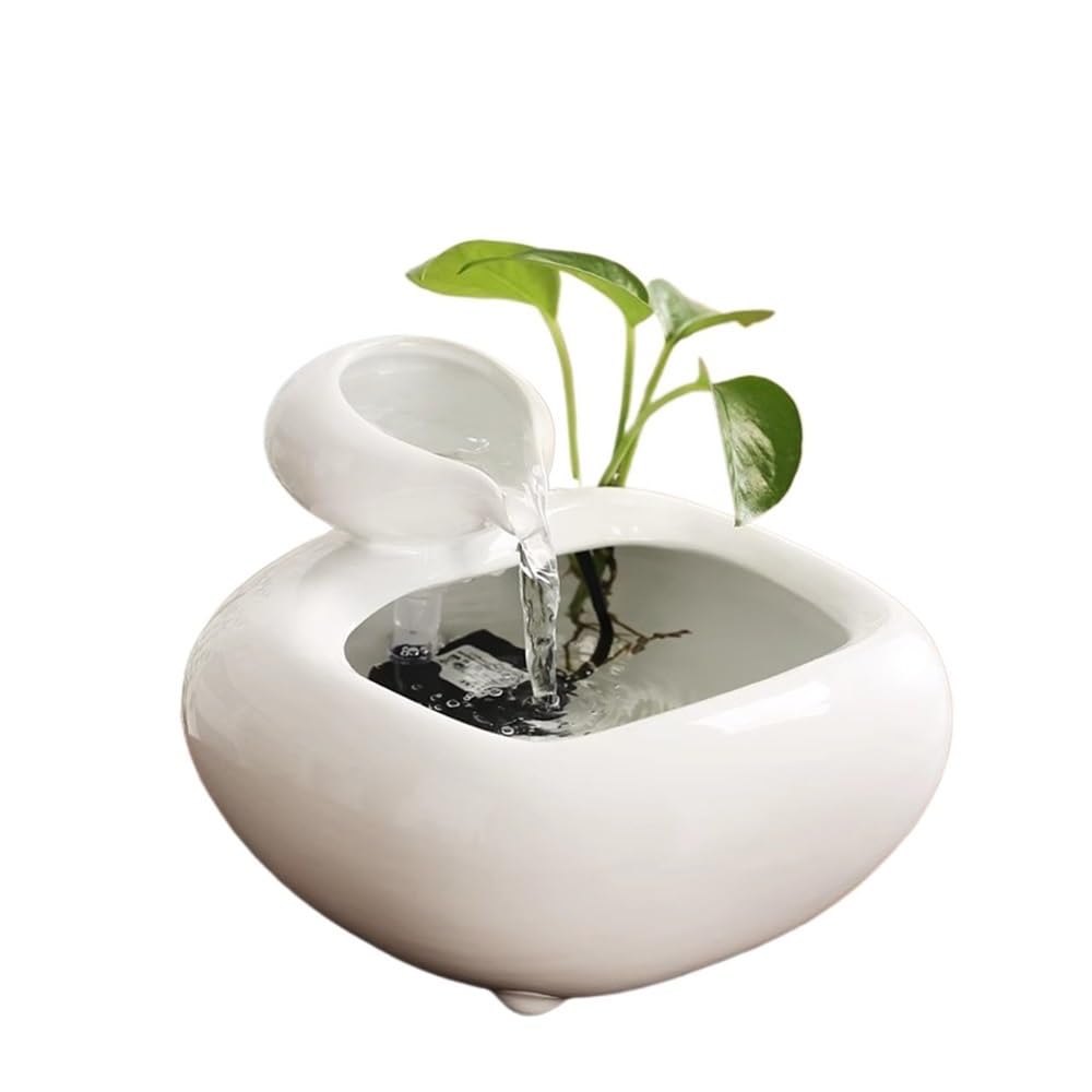 Tabletop Fountain Ceramic Flowing Water Circulation Wealth Invitation Desktop Fountain Office Decoration Tea Table Fountain Small Decoration Indoor Fountain(White)
