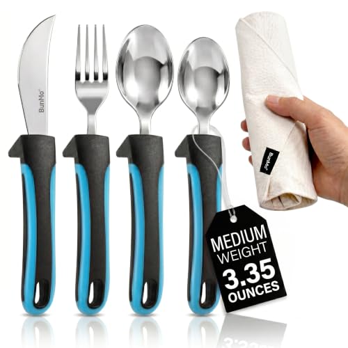 BUNMO Adaptive Utensils for Elderly, Arthritis, Weak Hand Grip, Tremors & Handicapped - Convenient Travel Pouch - 3.35oz Lightweight - Stainless Steel - Eat Independently - Adaptive Blue 4 Piece Set