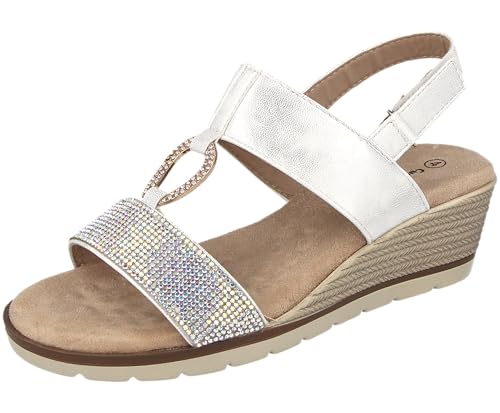 Cushion Walk Ladies Diamante Comfort Low Wide E Fit Wedge Heel Sandals (Silver, UK Footwear Size System, Adult, Women, Numeric, Wide, 6)