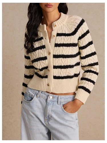Image of GORGLITTER Women's Striped Sweater Cardigan Crewneck Button Down Long Sleeve Casual Knit Cropped Cardigan 2024 Trendy Black and White Small