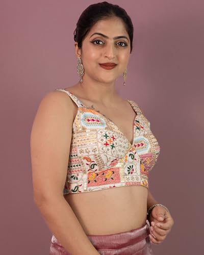 FIGURE'S DESIGNER Women's Mirror Work Sweetheart Neck Sabyasachi Cut Sleeveless Readymade Saree Blouse E164