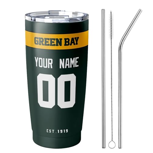 Image of ANTKING Green Bay Tumbler 20 oz Travel Coffee Cup Custom Name Number for Men Women Boy Gifts