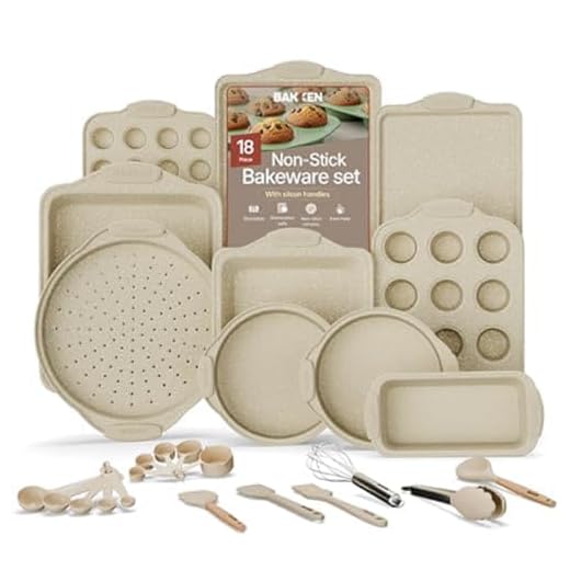 BAKKENMASTER 18-Piece Deluxe Nonstick Carbon Steel Bakeware Set - Professional Kitchen Oven Baking Pans with White Silicone Handles and Accessories