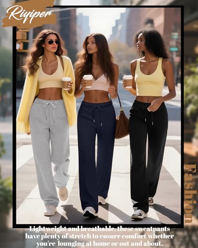 Riyiper 3 Pack Women Wide Leg Sweatpants Drawstring Straight Pants Elastic Waist Joggers Open Bottom Sweatpants with Pockets4