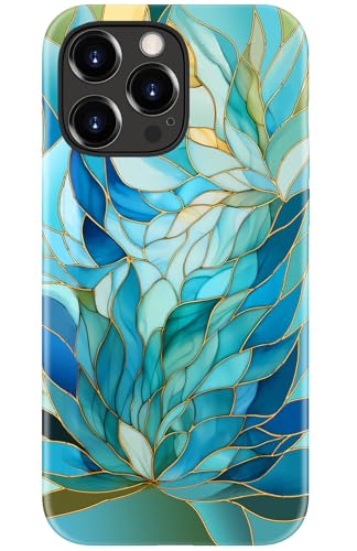 Image of Goodon for iPhone 15 Pro Max Case Cute - Wireless Charging Compatible - Dual-Layer Hard Shell + Silicone Cover - Protective Phone Case with Trendy Designs for Women - Blue Leaves Flower