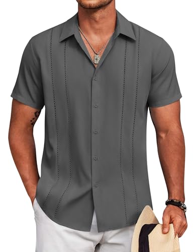Image of COOFANDY Mens Cuban Guayabera Shirt Short Sleeve Button Down Shirts Summer Beach Vacation Shirts