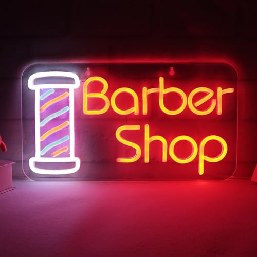 Image of Barber Shop Neon Signs for Wall Decor Open Neon Lights for Bedroom Led Signs Suitable for Barber Shops Hair Salon Art Unique Gift for Hairdresser 16.1 * 9 Inch(Red + Blue + White)
