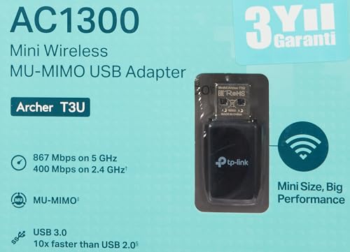 TP-Link Archer T3U AC1300 USB WLAN Stick Adapter (bis zu 867 Mbit/s auf 5GHz und 400 Mbit/s auf 2,4GHz, USB 3.0, MU MIMO, Kompatibel mit Windows 11/10/8.1/8/7/XP, Mac OS 10.15 und fr&uuml;her