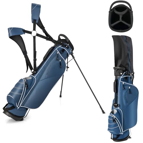 GYMAX Bolsa con Trípode de Golf, 4 Divisores, 4 Bolsillos con Cremallera, Correas de Hombro Ajustables, Bolsa de Golf Portátil con Cubierta Impermeable, Unisex Adulto (Azul)