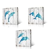 HOMEOART Jumping Dolphins Teal Blue Bathroom Wall Decor Ocean Animal Painting Wood Texture...