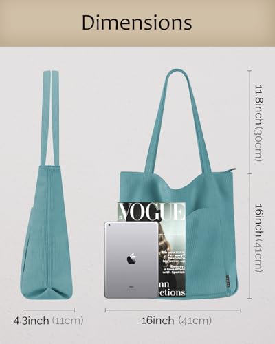 Image of Prite Corduroy Tote Bag for Women Large Shoulder Bag with Zipper and Pockets for College School Work Travel Shopping