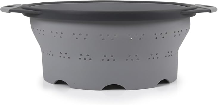 Dexas 10" Collapsible Silicone Colander in Cool Grey, Kitchen Strainer with Handles, 15.1 Cup Capacity | BPA-Free, Heat-Resistant, Space-Saving Kitchen Tool