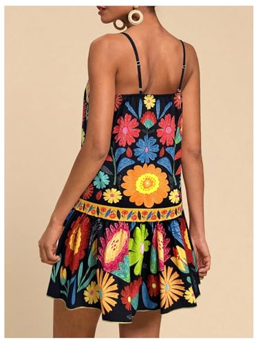 Image of RoseSeek Women's Floral Boho Flowy Mini Cami Dress Ruffle Hem Spaghetti Strap Vacation Tank Dresses