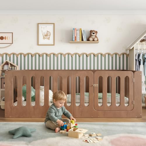 Image of Bellemave Twin Montessori Floor Bed Frame,Brown | Solid wood kids montessori floor bed with high safety fence & door, low to ground design for girls and boys