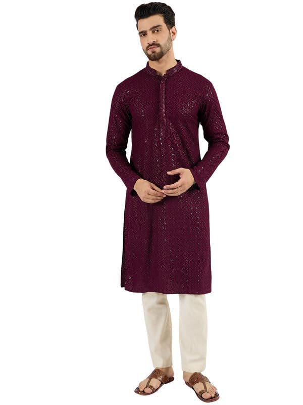 Image of Men's Solid Embroidered Long Straight Kurta | Men's Kurta | Embroidered Chikankari Kurta for Men | Straight Fit Kurta for Men