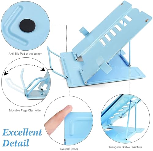 Image of Metal Book Stand Holder | Portable Cookbook Holder,Adjustable Recipes Book Organizer | Book Stands & Holders for Reading Study Foldable Accessories (Blue)