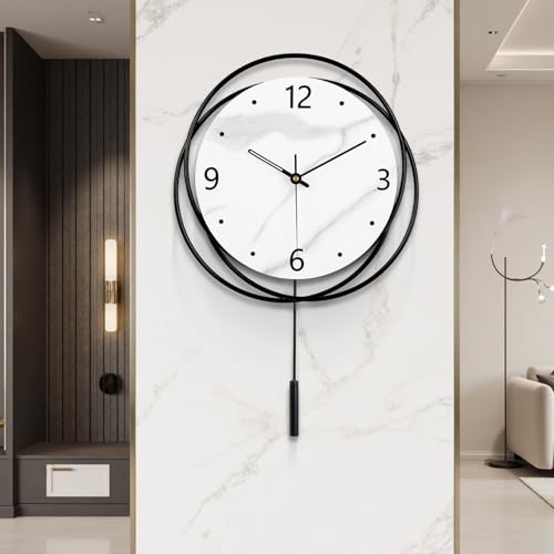 Decorative Wall Clock Silent Non-Ticking Quality Quartz Battery Operated with Cylindrical Pendulum Large Wall Clock for Living Room Kitchen Office Bathroom Bedroom Wall Art 12.7x18Inch(White)