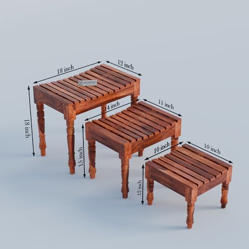 Image of Jangid Handicraft Solid Sheesham Wood Nesting Table for Living Room | Wooden Nesting Tables Set of 3 with Design Legs for Decor | Side Table Set & Stool Furniture for Office & Garden | Honey Finish