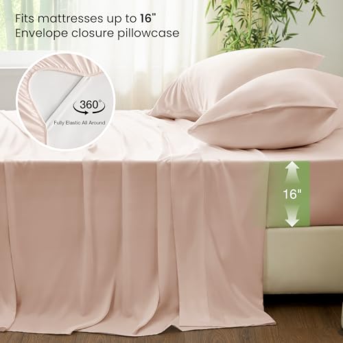 Image of Love's cabin 4 Piece Queen Sheet Set, 100% Rayon Derived from Bamboo, Cooling & Breathable, Soft Silky Deep Pocket up to 16 inch, Hotel Luxury Bedding for Hot Sleepers, Pink