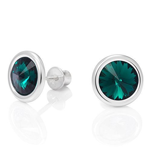 LillyMarie Pendientes para mujer plata de ley 925, Elementos Swarovski verde redondo, con caja de joyas
