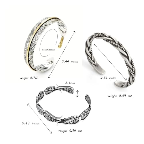 3pcs vintage silver plated bracelet, Angel wings/feathers/twisted woven open bracelet jewelry gift 6