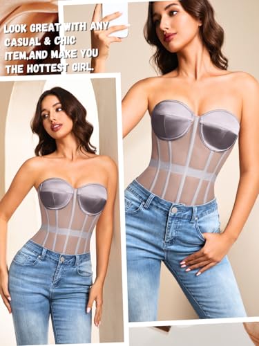 Image of Kaei&Shi Sheer Mesh Overbust Corset,Sexy Strapless Lace Up Satin Bra Corsets Top For Women Shapewear