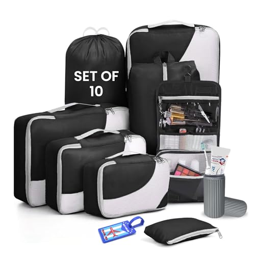 Image of OCEANEVO Set of 10 Pcs Packing Cubes for Travel | Includes Luggage Tag and Toothbrush Holder | Suitcase Organizer for Travelling for Clothes, Shoes and Lingerie | Model 3.0 - Black - 1 Year Warranty