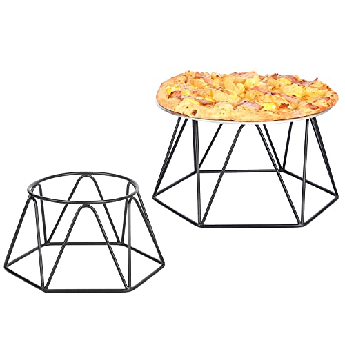 MyGift Set of 2 Matte Black Metal Tabletop Pizza Box Riser with Geometric Design, Pizza Pan Stand Food Display - Large and Small Sizes - Handcrafted in India