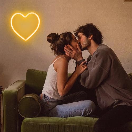 Image of Warm White Heart Neon Sign Battery Operated or USB Powered LED Heart Light | LED Heart Neon Lamp for Valentines Day Wedding Proposal Mother's Day Dorm Bedroom Decor, Gifts for Mom Wife Girfriend Girls