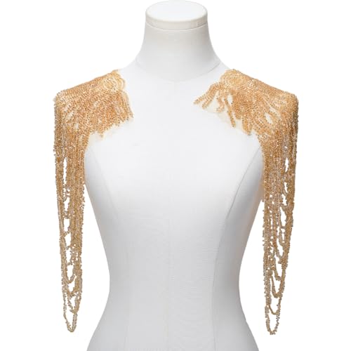 CABODYALS 2PCS Shoulder Tassels Sequin Beaded Chain Applique Shiny Fringe Epaulette Gold Lace Decorative Stitch Sparkle Vintage Retro Golden Patches for Sewing Making Dress Clothing DIY Craft Supply
