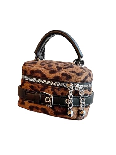 Women's Leopard Zipper Shoulder Handbags Chain Mini Crossobdy Box Bags Y2K Square Purse