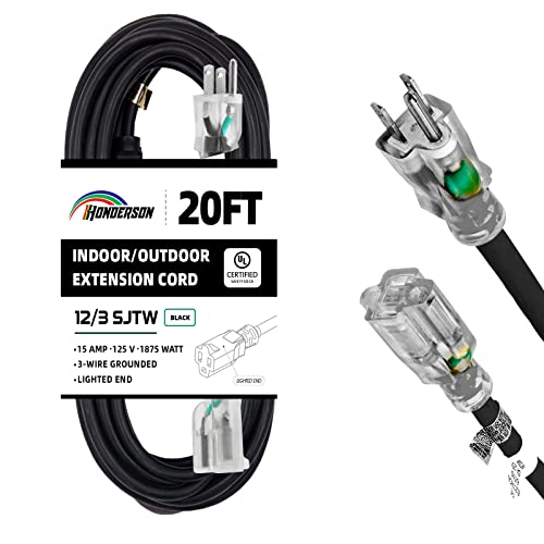 HONDERSON - Cable de extensión para interiores y exteriores, resistente a la intemperie con extremo iluminado, certificado UL, calibre 12 de 20 pies, color negro, 3 clavijas, cable de alimentación