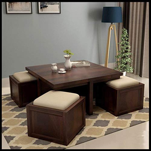 Image of Jangid Handicraft Solid Sheesham Wood Coffee Table with 4 Stool | Square Sofa Centre Table with Stool | Tea Center Table with 4 Stools for Living Room | Patio Teapoy Table with Four Puffy | Brown