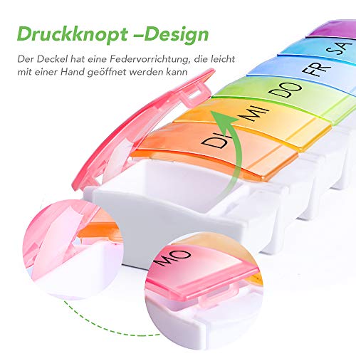 Opret Tablettenbox 7 Tage Deutsch, Pillendose Regenbogen, Tablettendose Pillenbox Medikamentenbox Wochen Tabletten Organizer, Kleine Eicht Zu Öffnen für Unterwegs
