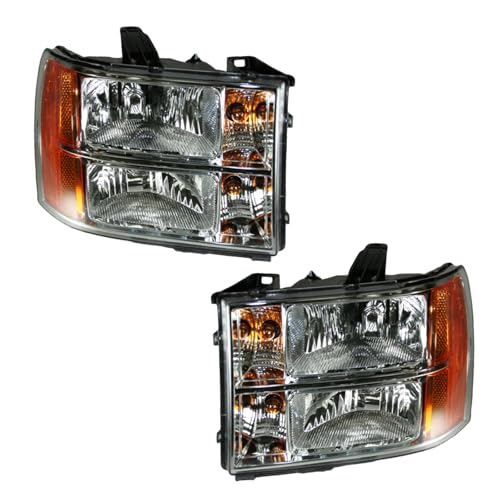 Image of TRQ 2 Piece Headlight Assembly Set Chrome Bezel Driver & Passenger Side Compatible with GMC Sierra 1500 2007-2013 Sierra 2500 HD 2007-2014 Sierra 3500 HD 2007-2014 GM2502283 GM2503283