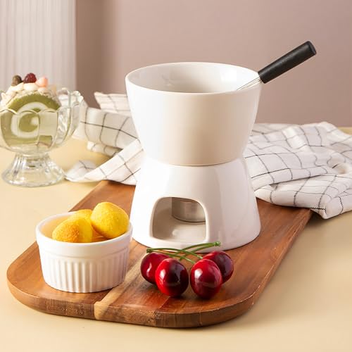 MZSX Keramik Schokofondue-Topf-Set, Käse Fondueset mit 1 Teelicht & 4 Gabeln Aus Rostfreiem Stahl, Mini Schokofondue Käsefondue Fondue Set, für Haus, Restaurant und Café