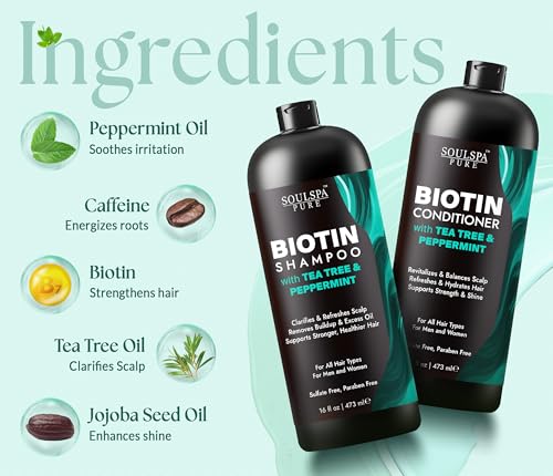 Image of SOULSPA PURE Biotin Peppermint & Tea Tree Shampoo and Conditioner Set - Sulfate Free Scalp Care for Thinning & Color-Treated Hair - Clarifying Formula for Men & Women -16 fl oz Each