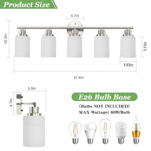 Image of 5-Light Brushed Nickel Vanity Lights, Bathroom Light Fixtures with Textured Milky White Glass Shade, Modern Bathroom Lighting Fixtures Over Mirror Wall Sconce Light - E26 Base | Vanity Lights for Mirror with Textured Milky White Glass Shade, E26 Base Modern Kitchen Light Fixtures Wall Sconce Light