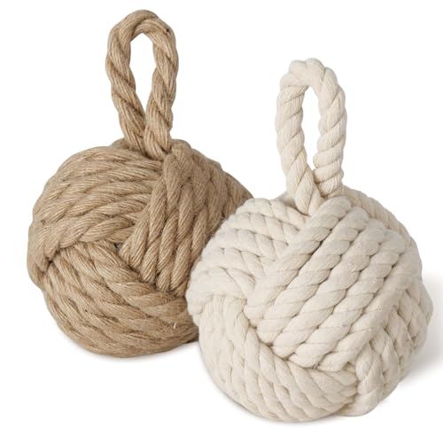 TOPANBIETER 999 2er Set Deko Türstopper Jute natur und cremweiß Türhalter Fensterpuffer Bodenstopper Tür Stopper Knoten Natur Strick Kugel mit Schlaufe ca. 1,5 kg