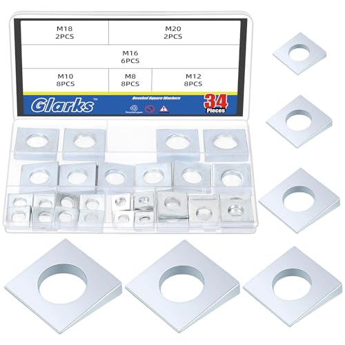 Glarks 34pcs M8/M10/M12/M16/M18/M20 Kit de lavadoras de bisel, lavadoras de cuñas de acero al carbono chapen Zinc, lavadoras de nivelación de alta resistencia para la sección de nivelación