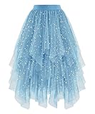Ellames Women's Tulle Skirts High Low Layered Puffy Fairy Skirts Midi Length Irregular Tutu Skirt Grey-Blue Sequin Medium