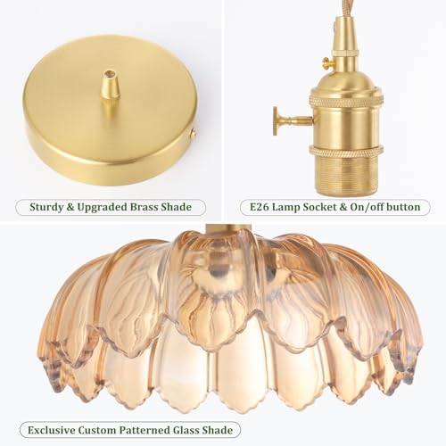 Image of Shenmoyl Pendant Light with Amber Scindapsus Glass Lmapshade, Brass Vintage Pendant Light Adjustable Hanging Light for Kitchen Island Dining Room Hallway