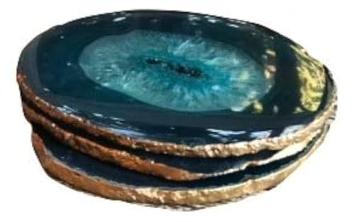 Dashalexandra Agate Coasters - Teal Colored Agate Coasters - Gold Rimmed - Set Of 4
