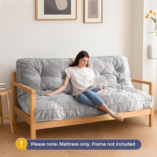 MAXYOYO 6" Futon Mattress Full Size, Velvet Thick Futons Sofa Couch, Versatile Floor Mattress for Adults, Shredded Foam Filling (Frame Not Included), Grey - Thumbnail 3