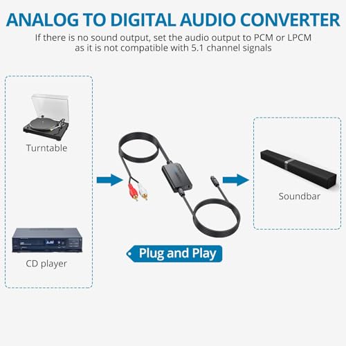 Image of AUTOUTLET RCA to Optical Converter - 48Khz, Analog to Digital Audio Converter with Built-in 1.1m RCA Male Cable for Record Player, Turntable, CD Players