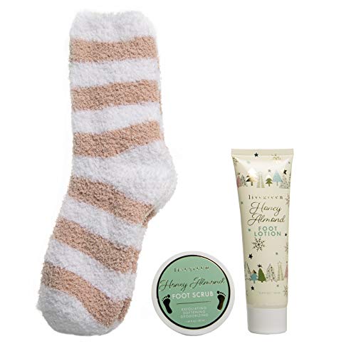Live Green Bath and Body Gift Set- Foot Spa Set with Fuzzy Socks, Lotion, and Scrub (Honey Almond)