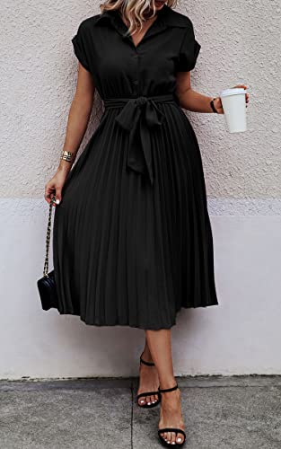 Image of ECOWISH Womens Casual Midi Dresses Solid V Neck Short Sleeve Button Shirt Belted Dress with Pockets for Spring Summer 2026