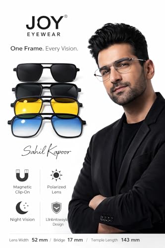 Image of Premium Tinted Eyeglasses with Magnetic Clip-On Sunglasses, 4-in-1, Matte Black Frame, Black Yellow Blue Lenses