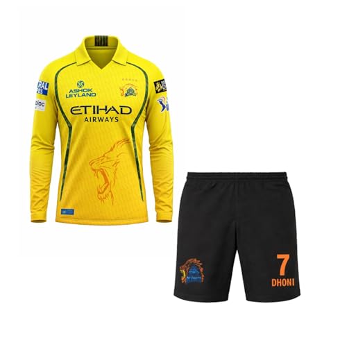 Image of CSK thala Dhoni 7 Official Team Jersey with Black Shorts 2024 for Boys and Men(8-9Years,Multicolor-1)