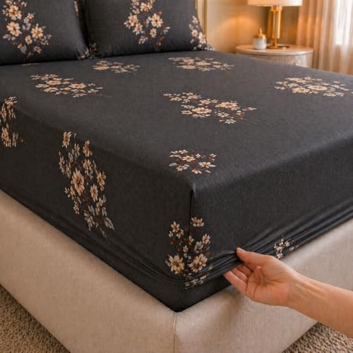 Image of Castiqa Elastic Fitted Supersoft Premium Polycotton 200TC King Size Bedsheets with 2 Pillow Covers (Fits Upto Mattress of 8Inches) (Gray, Full 72x78x8Inch)